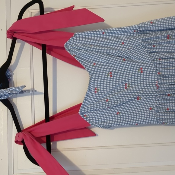 None Dresses & Skirts - Girly Cherry Picnic Dress Blue Pink Gingham Comfy Rayon Jersey Ribbon Tie Straps